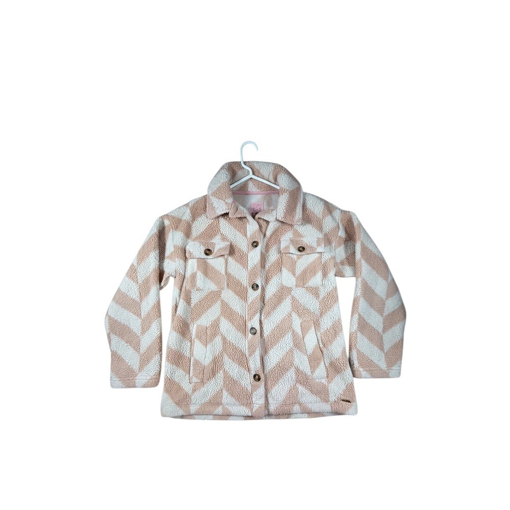 Billabong Womens Sherpa Shacket Tan Cream Chevron Fleece Button Front Jacket S